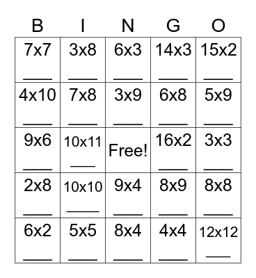 Multiplication Bingo Card