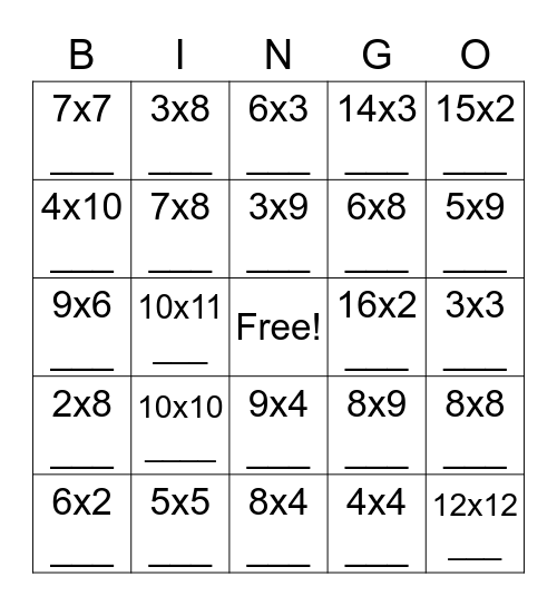 Multiplication Bingo Card