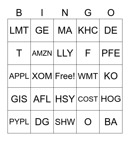 Stock Symbol Bingo Card