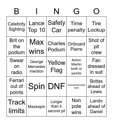Silverstone Bingo Card