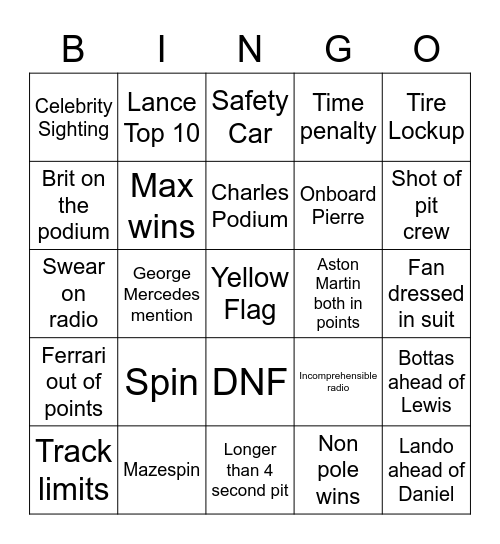 Silverstone Bingo Card