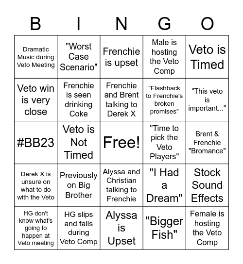 Big Brother 23 Ep3 Bingo Card
