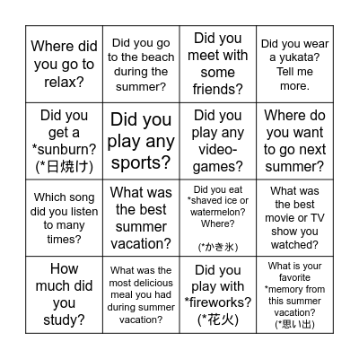 My Summer Vacation Bingo Card