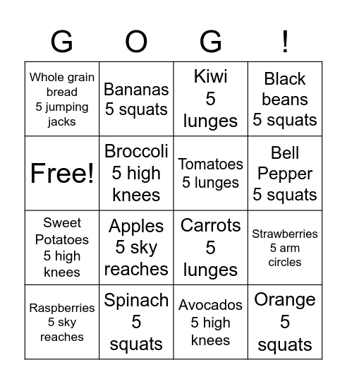 Nutrient Bingo Card