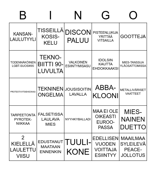 EUROVIISUBINGO 2015 Bingo Card