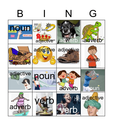 NOUNS/ADJECTIVES/VERBS/ADVERBS Bingo Card