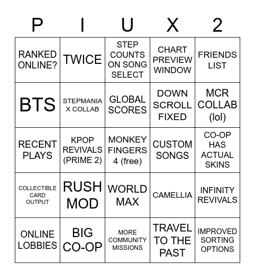 PIUXX2 HOPES AND DREAMS Bingo Card