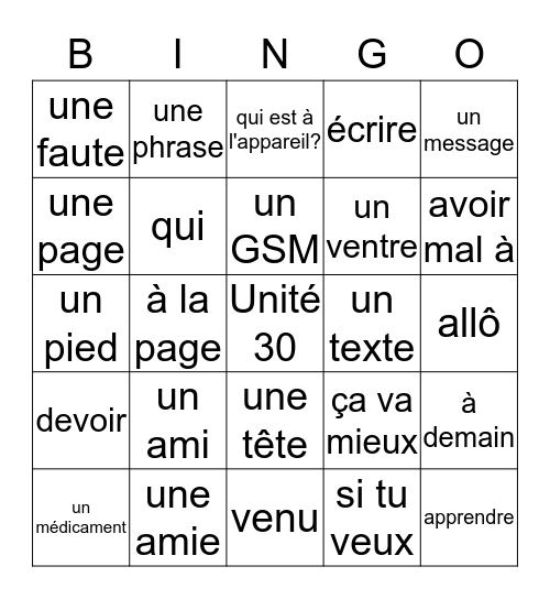 Je suis malade Bingo Card