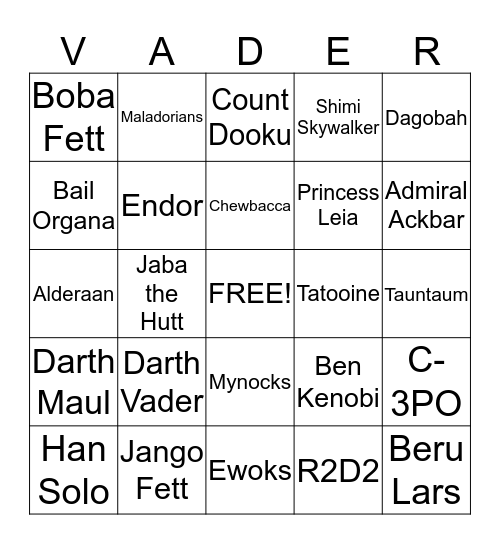 Star Wars Bingo Card