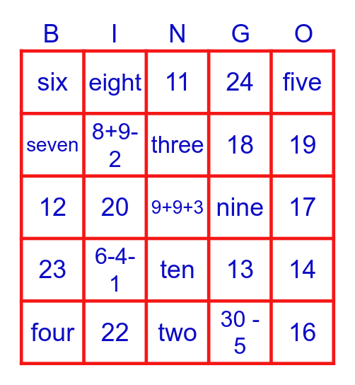 Numbers 1-25 Bingo Card