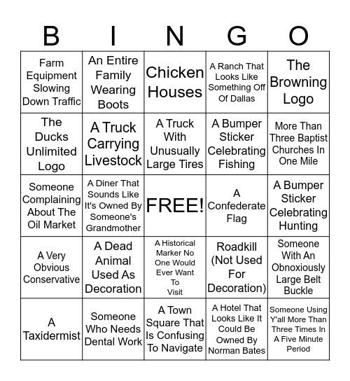 East Texas Bingo Card