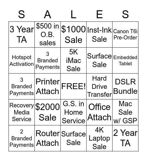 Sales Floor Bingo Card