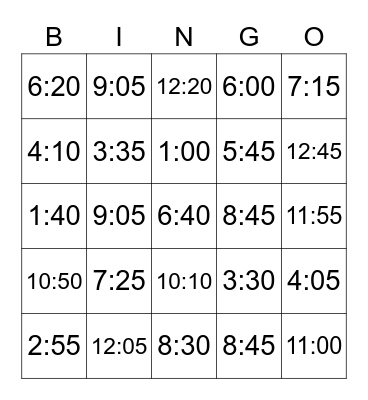 Telling Time Bingo Card