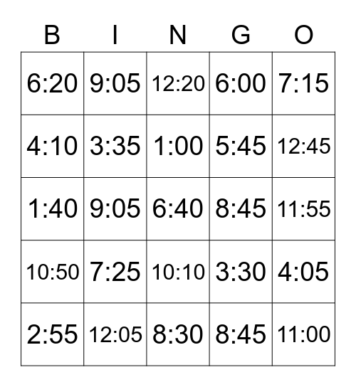 Telling Time Bingo Card