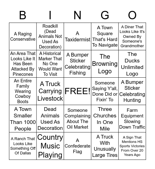 East Texas Bingo Card