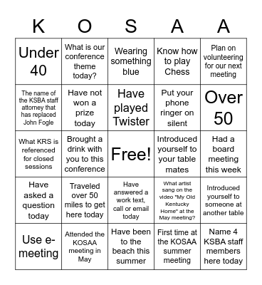 KOSAA Bingo Card