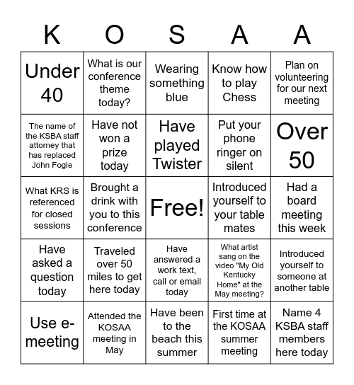 KOSAA Bingo Card