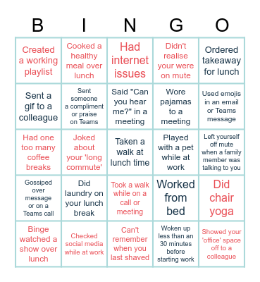 Working From Home Bingo Card