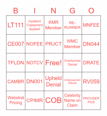 Claims Bingo Card