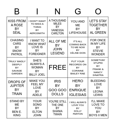 SONGS ABOUT LOVE Bingo Card