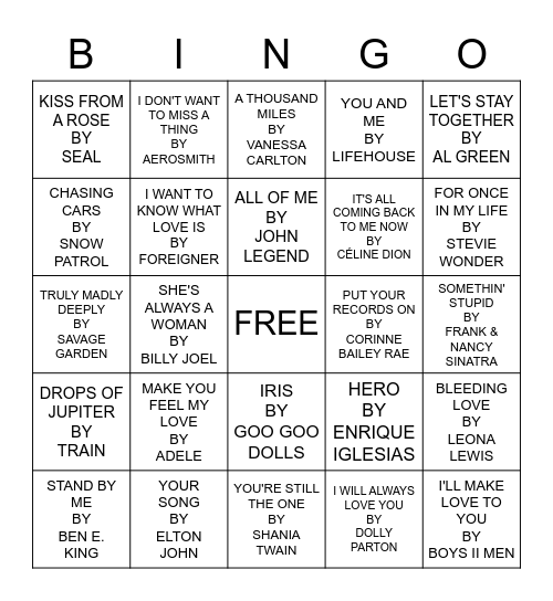 SONGS ABOUT LOVE Bingo Card