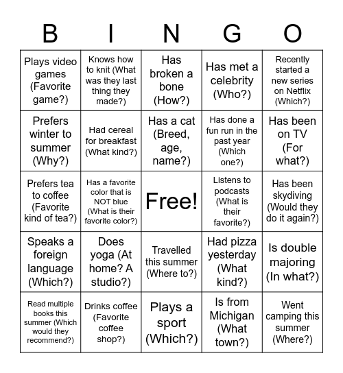 Ice Breaker Bingo Card