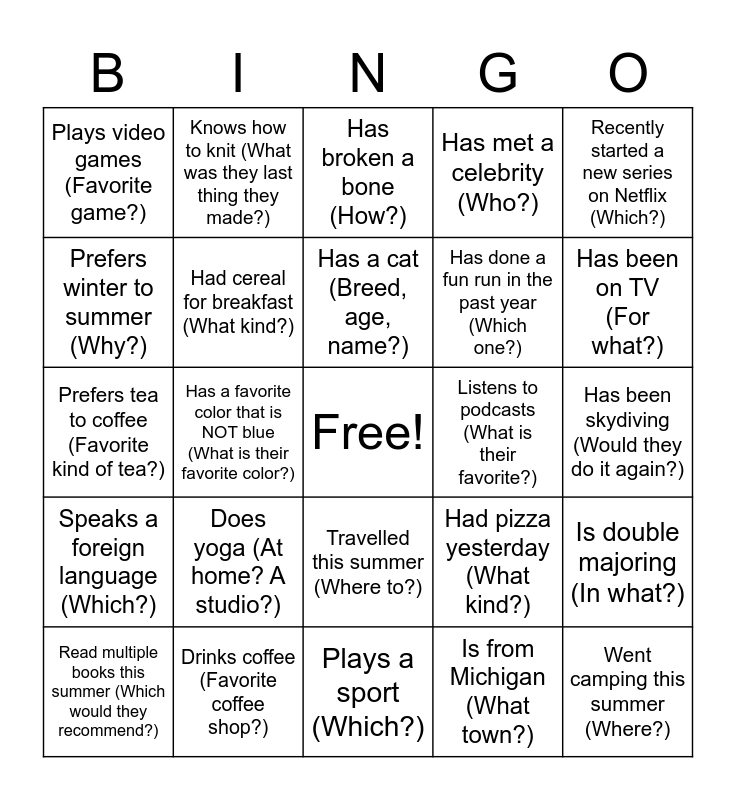 Ice Breaker Bingo Card