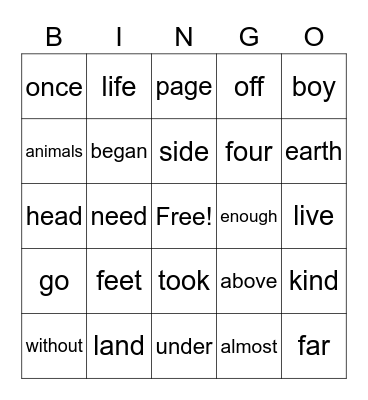 Frequency Words Bingo Card
