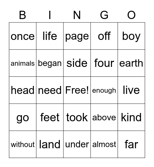 Frequency Words Bingo Card