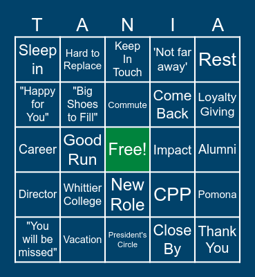 Tania's Farewell Bingo Card