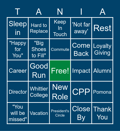 Tania's Farewell Bingo Card
