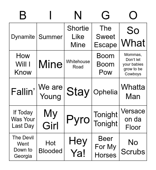 Music Bingo 105 Bingo Card