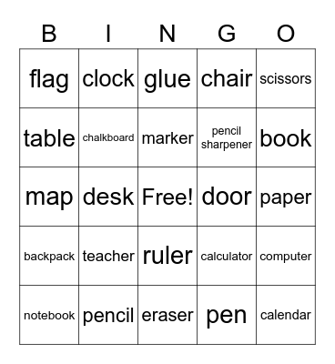 School Bingo Card