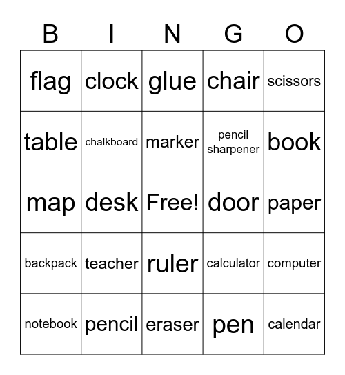 School Bingo Card