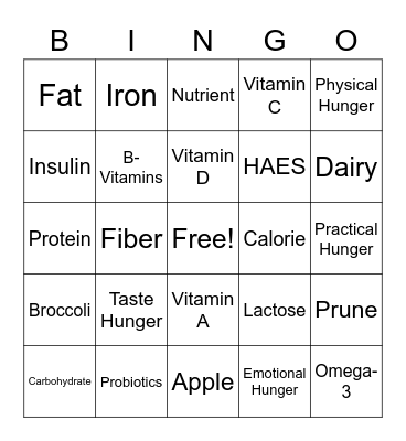 Nutrition Bingo Card