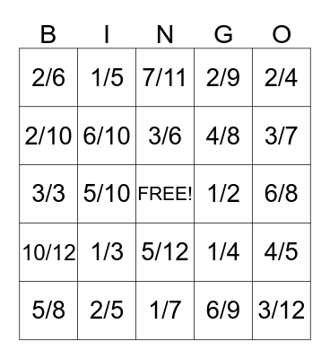 Fraction Bingo Card