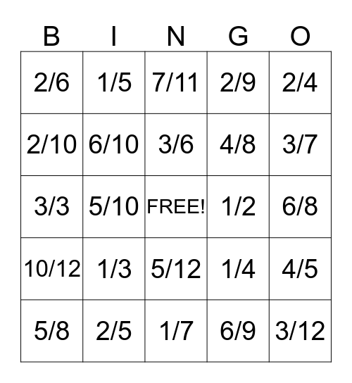 Fraction Bingo Card