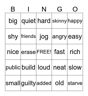 Synonymn/Antonym Bingo Card