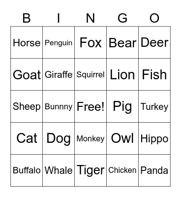 Animal Bingo Card