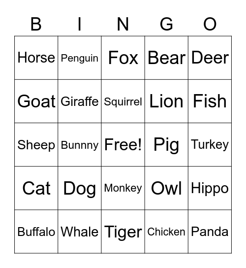 Animal Bingo Card