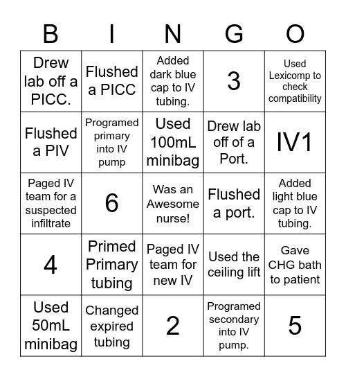 IV Bingo Card