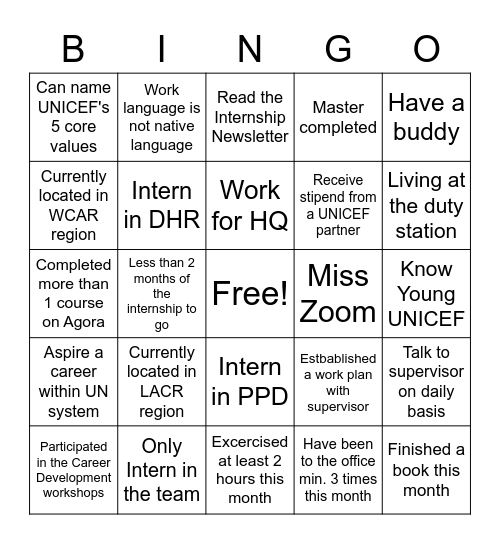 Internship Community Bingo Card