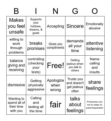 Relationship Bingo Card