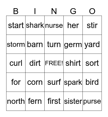 R-Controlled Vowels Bingo Card