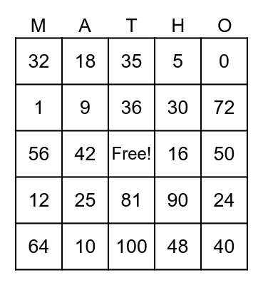 Multiplication Math-O Bingo Card