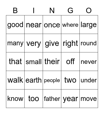 Sight Words Bingo Card