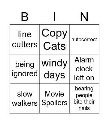 Pet Peeves Bingo Card