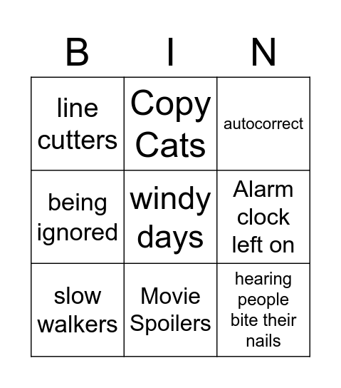 Pet Peeves Bingo Card