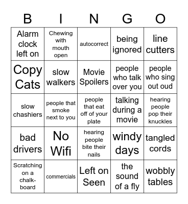 Pet Peeves Bingo Card