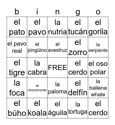 los animales Bingo Card